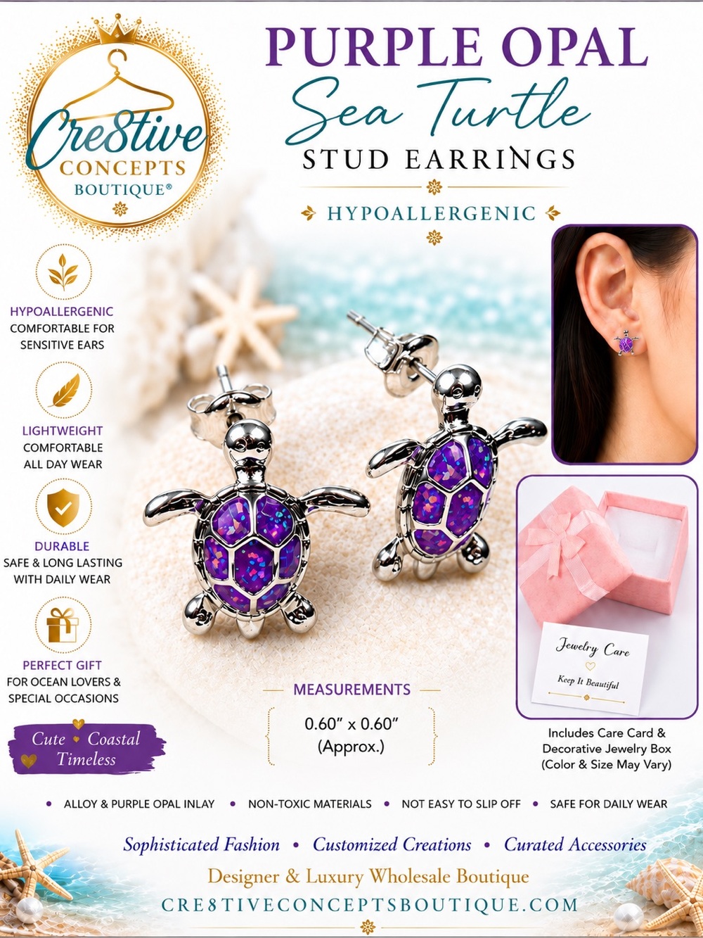 Purple Opal Sea Turtle Stud Earrings | Hypoallergenic Silver
